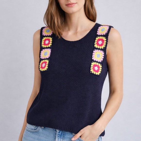 Rain + Rose Tops - 🆕Rain+Rose Navy Crochet Granny Square Sweater Top SizeM Boho Cottagecore Cotton